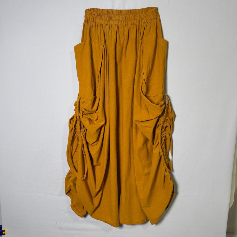 Thaluta One Size Mustard Boho Maxi Skirt 100% Cotton Ruched Pocket - Picture 2 of 8